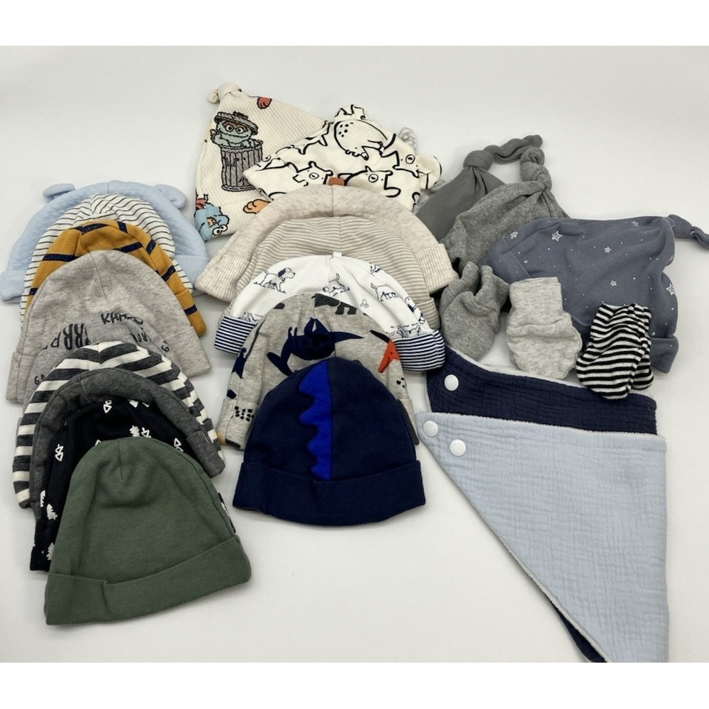 Lot Of 23 Baby Infant Boy Hats Bibs Mittens Assorted Brands Sizes Boys
